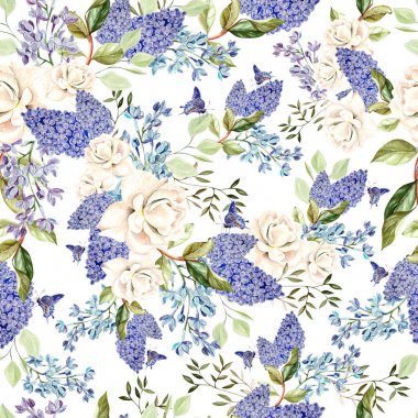 Suluboya leylak ve gül çiçek ile Seamless Modeli.