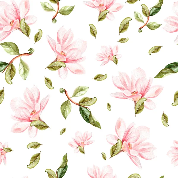 Beautiful watercolor pattern with flowers and leaves of magnolia. — Stock Photo, Image