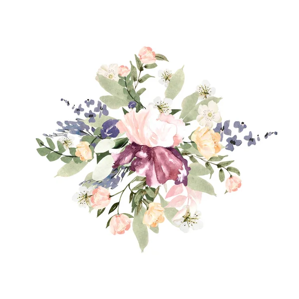 En vacker akvarell bukett med rosor och iris blommor. — Stockfoto