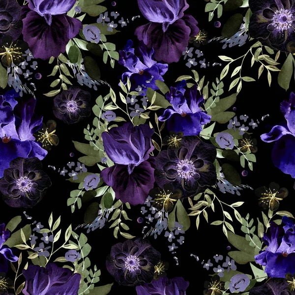 Vacker akvarell mönster med pion, iris, anemone och rosor blommor. — Stockfoto