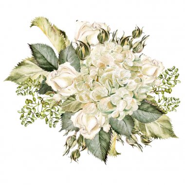 Hudrangea ve gül ile güzel bir suluboya buket. 