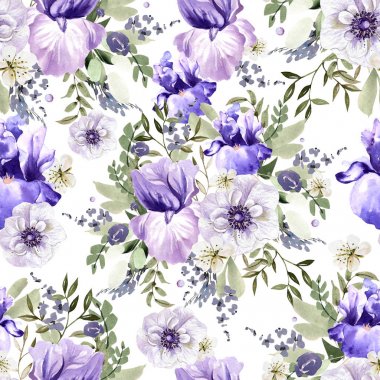 Şakayık, Iris, anemon çiçeği ve güller çiçek ile güzel suluboya desen. 