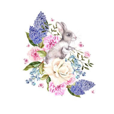 Güzel bir suluboya buket gül ve Şakayık çiçekleri, Lila ve banny. 