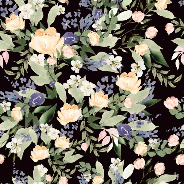 Vacker akvarell mönster med pion och rosor blommor. — Stockfoto