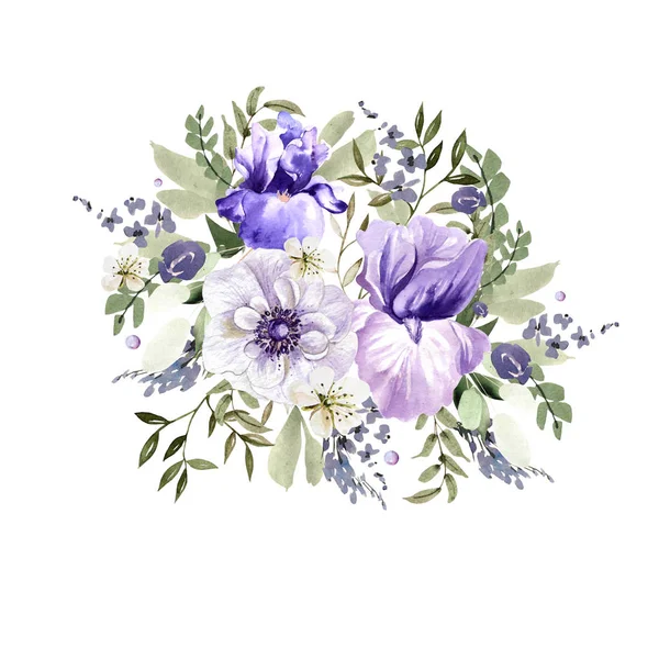 Een prachtige aquarel boeket met anemonen en iris bloemen. — Stockfoto