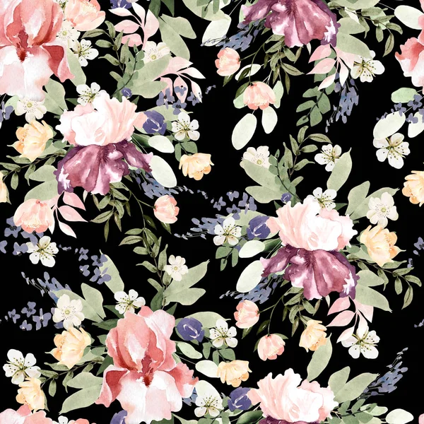 Krásný akvarel vzor s květy pivoňky, iris a růže. — Stock fotografie