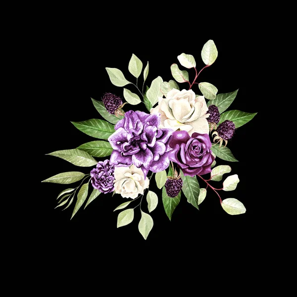 Гарний акварельний букет з трояндами і піоновидними квітами, евкаліптом і ожиною . — стокове фото