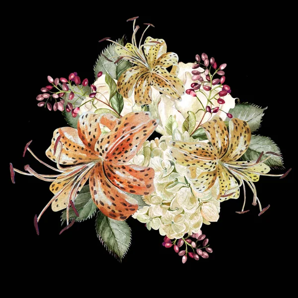 En vacker akvarell bukett med hudrangea och liljor. — Stockfoto