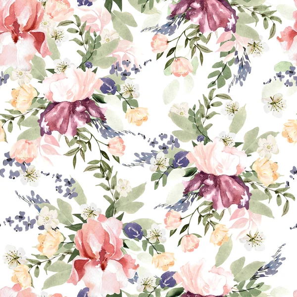Beautiful watercolor pattern with peony, iris and roses flowers. — Stock Photo, Image