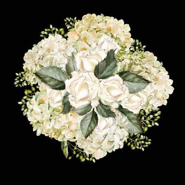 Hudrangea ve gül ile güzel bir suluboya buket.