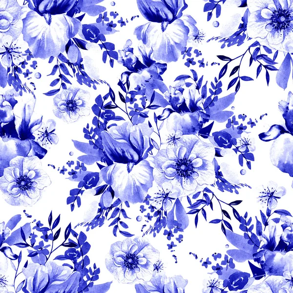 Prachtige Aquarel Patroon Met Rozen Pioenroos Iris Anemone Bloemen Illustratie — Stockfoto