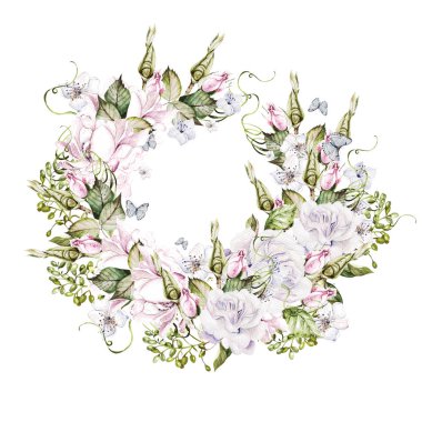 Güllü ve tomurcuklu güzel suluboya düğün çelengi.