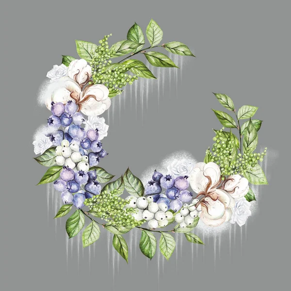 Beautiful winter wreath with watercolor tender roses and snowberry, cotton and blueberries. — Stock Photo, Image