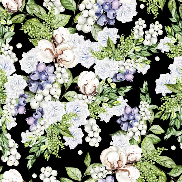 Beautiful Seamless pattern with watercolor tender roses and snowberry, cotton, and blueberries. — Stock Photo, Image