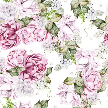 Güzel suluboya desenli güller ve şakayık çiçeklerle. 