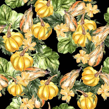 Kabak sebze ve çiçek ile parlak suluboya dikişsiz desen.