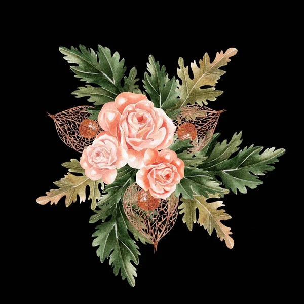 Bellissimo bouquet autunnale ad acquerello con rose ad acquerello e physalis . — Foto Stock