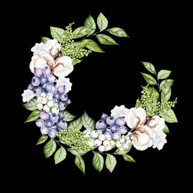 Sulu güller, karmersini, pamuk ve yabanmersinli güzel bir çelenk.. 