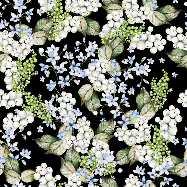 Beautiful Seamless pattern with watercolor forget-me-not and snowberry. — Stock Photo, Image