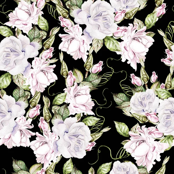 Beautiful watercolor seamless pattern with roses and bud. — Stock Photo, Image