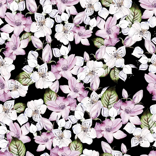 Schöne Aquarell nahtlose Muster mit Anemone und Blumen. — Stockfoto