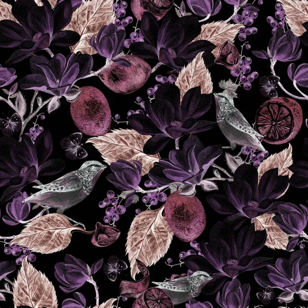 Bezešvé pozadí s akvabarbarvami Magnolie a citrónu. Berryes, motýl a ptáci. Nádherné realistické zahradní květiny. — Stock fotografie