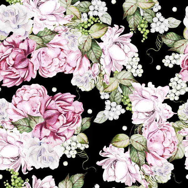 Vacker akvarell sömlös mönster med rosor och pion blommor. — Stockfoto