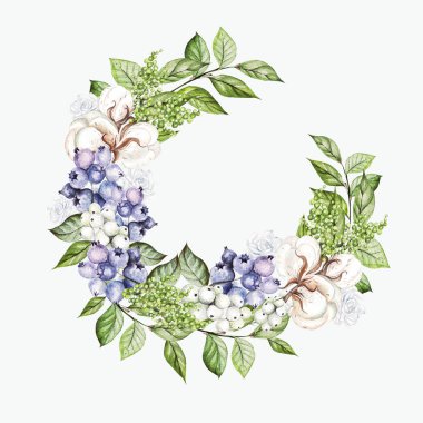 Sulu güller, karmersini, pamuk ve yabanmersinli güzel bir çelenk.. 