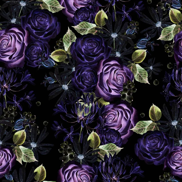 Красивий безшовний акварельний візерунок з білими та фіолетовими трояндами, бутоном та квітами . — стокове фото