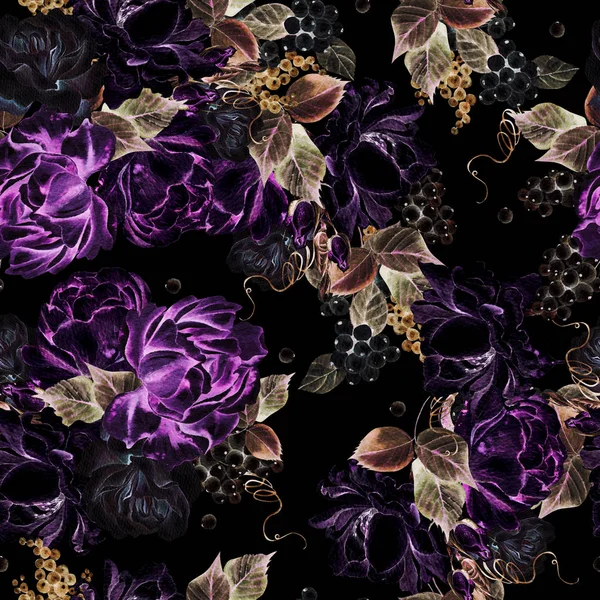 Schöne Aquarell nahtlose Muster mit Rosen und Pfingstrosen Blumen. — Stockfoto