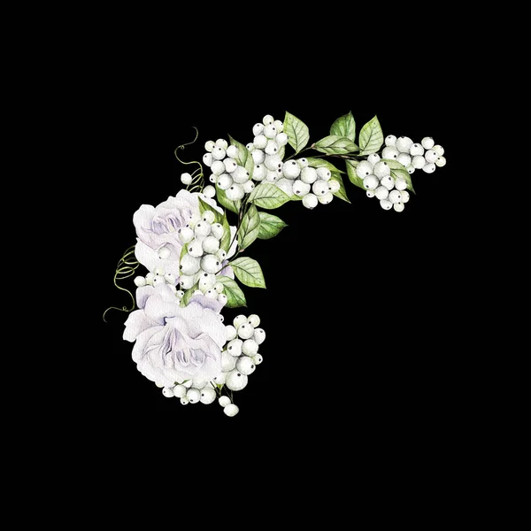 Helles Aquarell Hochzeitsstrauß mit Schneebeere und zarten Rosen. — Stockfoto