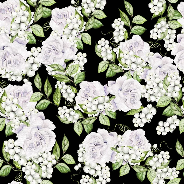 Wunderschönes nahtloses Muster mit zarten Rosen und Schneebeeren in Aquarell. — Stockfoto