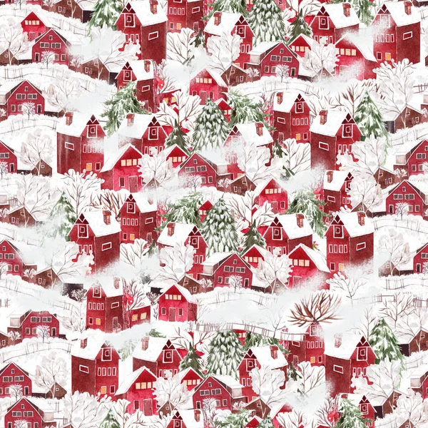 Heldere aquarel kerst naadloos patroon met grappige winter dorp. — Stockfoto