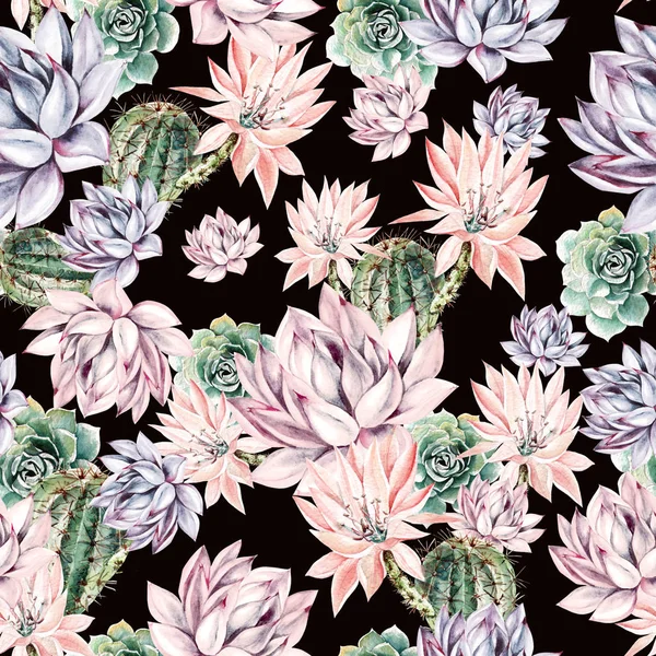 Aquarel bloeiende cactus achtergrond. Exotische cactussen met bloemen, naadloos patroon. Sappige planten en cactus tuin patroon. — Stockfoto