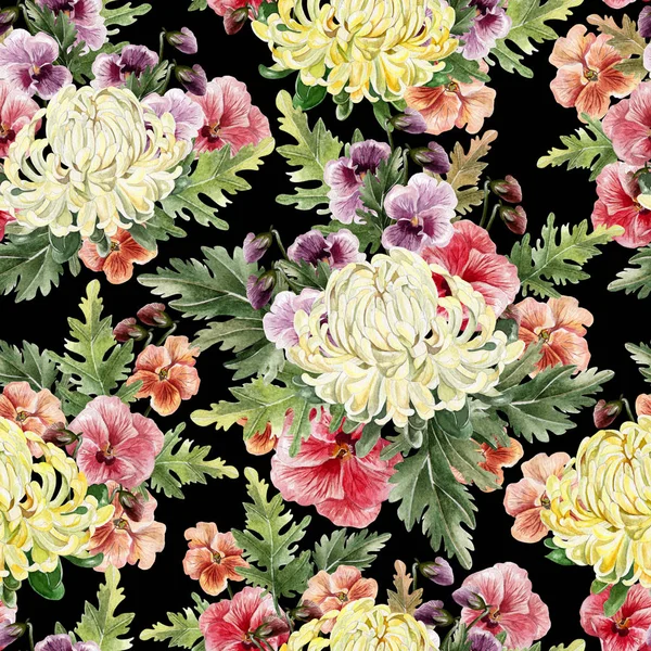 Яскравий акварельний осінній безшовний візерунок з квітами хризантем і фіалками . — стокове фото