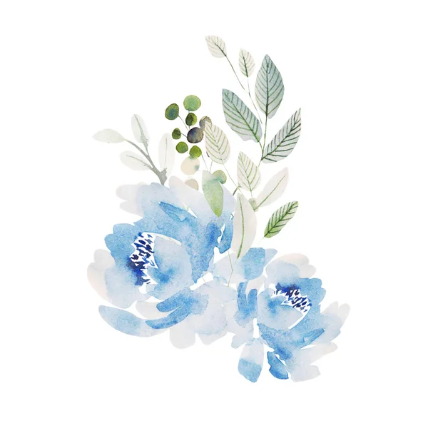 Gyönyörű akvarell esküvő kék koszorú rózsákkal virágok és bazsarózsa, levelek. — Stock Fotó