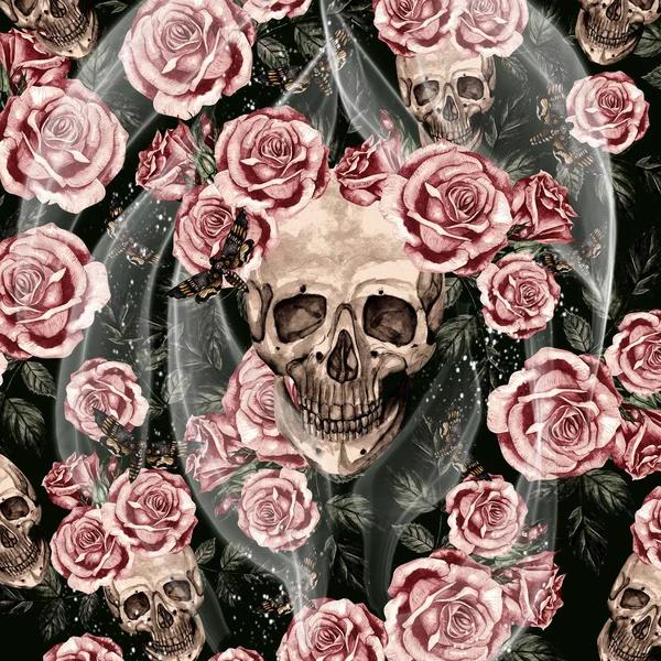 Watercolor card with skulls and roses.