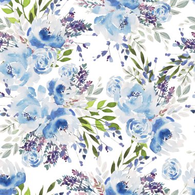 Güzel suluboya desenli güller ve şakayık çiçeklerle. 