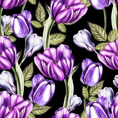 Lale ve çiğdem çiçekleri ile güzel suluboya dikişsiz desen. 