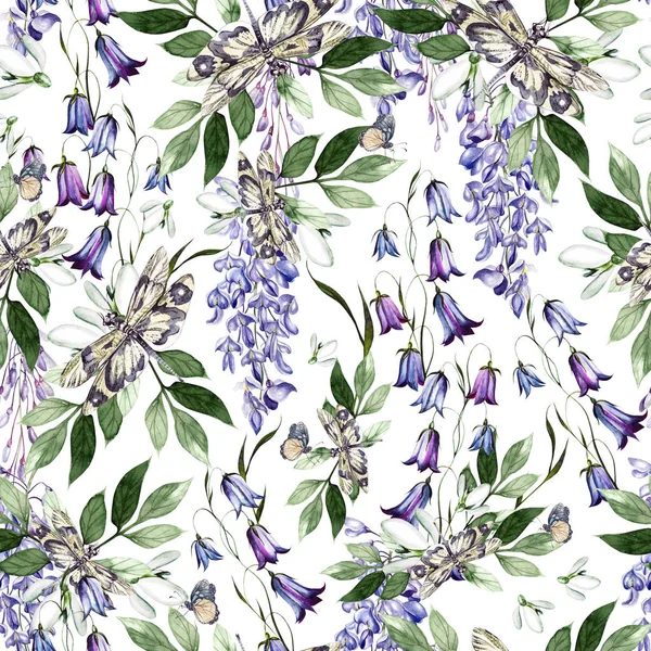 Beautiful watercolor seamless pattern with snowdrop, wisteria and bell flowers. — Stock Photo, Image