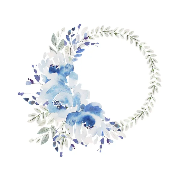 Bela grinalda de casamento aquarela azul com flores de rosas e peônia, folhas . — Fotografia de Stock