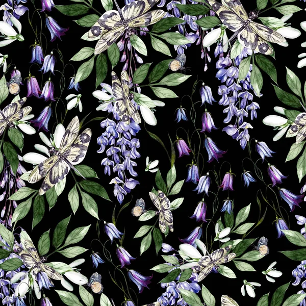 Beautiful watercolor seamless pattern with snowdrop, wisteria and bell flowers. — Stock Photo, Image