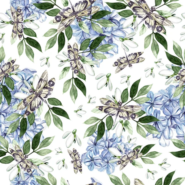 Schöne Aquarell nahtlose Muster mit Schneeglöckchen und Plumbago-Blumen. — Stockfoto