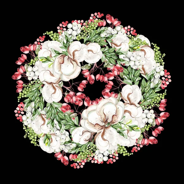 Beautiful watercolor Christmas wreath with  cotton and snowberry, rosehip. — Stock Photo, Image