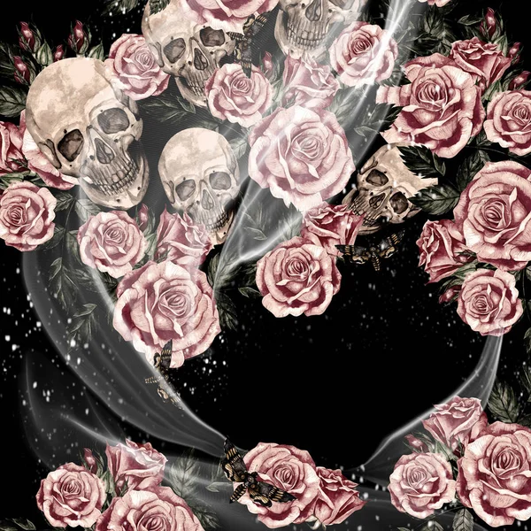 Watercolor card with skulls and roses. — Stock Photo, Image