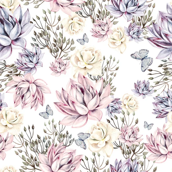 수채화 succulents 원활한 패턴. — 스톡 사진
