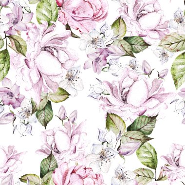 Güzel suluboya desenli güller ve şakayık çiçekleri. 