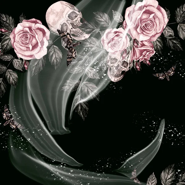 Cartão aquarela com crânios e rosas . — Fotografia de Stock