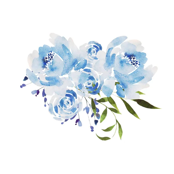 Bela grinalda de casamento aquarela azul com flores de rosas e peônia, folhas . — Fotografia de Stock