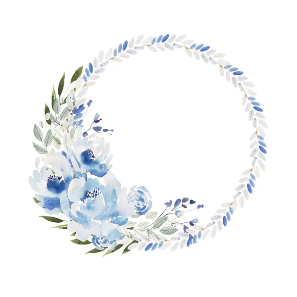 Bela grinalda de casamento aquarela azul com flores de rosas e peônia, folhas . — Fotografia de Stock